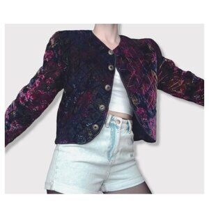 Vintage Women Jacket | Earthy Ochre & Purple | Leaf Details | Retro Outerwear